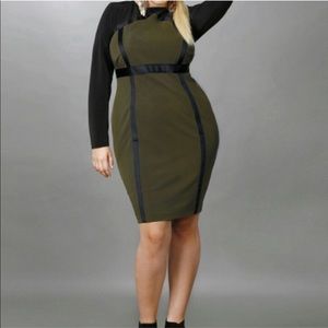 Olive and black form fitting dress.